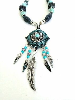 Boho-chic Necklace Turquoise Silver-tone Feather Pendant Necklace